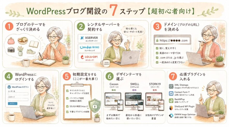 【60代女性のためのブログ始め方完全ガイド】定年後におすすめのブログ開設7ステップ